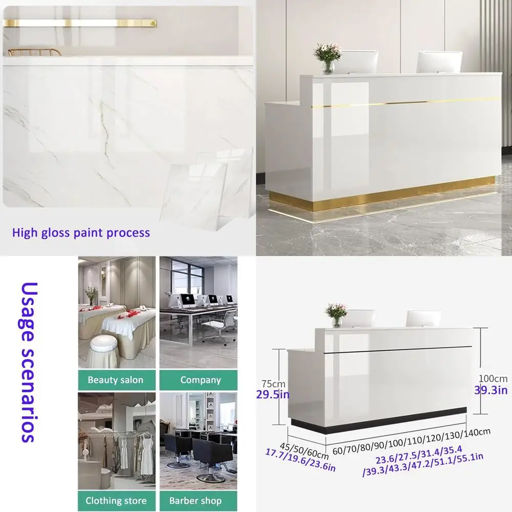 

Reception Desk with Lockable Storage and Checkout Counter, White & Gold, 140x60cm