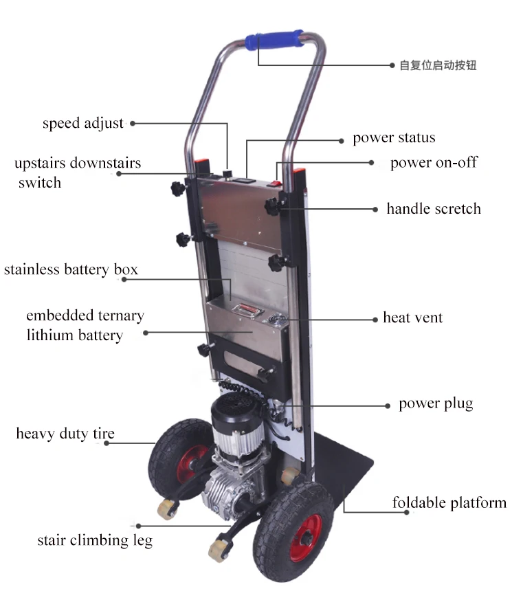 Two Wheel Material Handling Trolley Cart Electrical Battery Operated Hand Trolley Electric Stair Climbing Hand Tuck