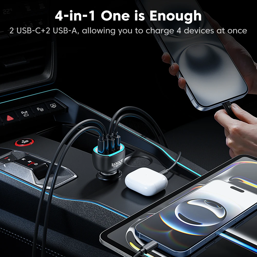 Toocki 90W USB C Car Charger For Phone 4 Ports PD Qi2.2 45W Fast Charging For iPhone 17 16 Pro Samsung S25 S24 Xiaomi LED Light