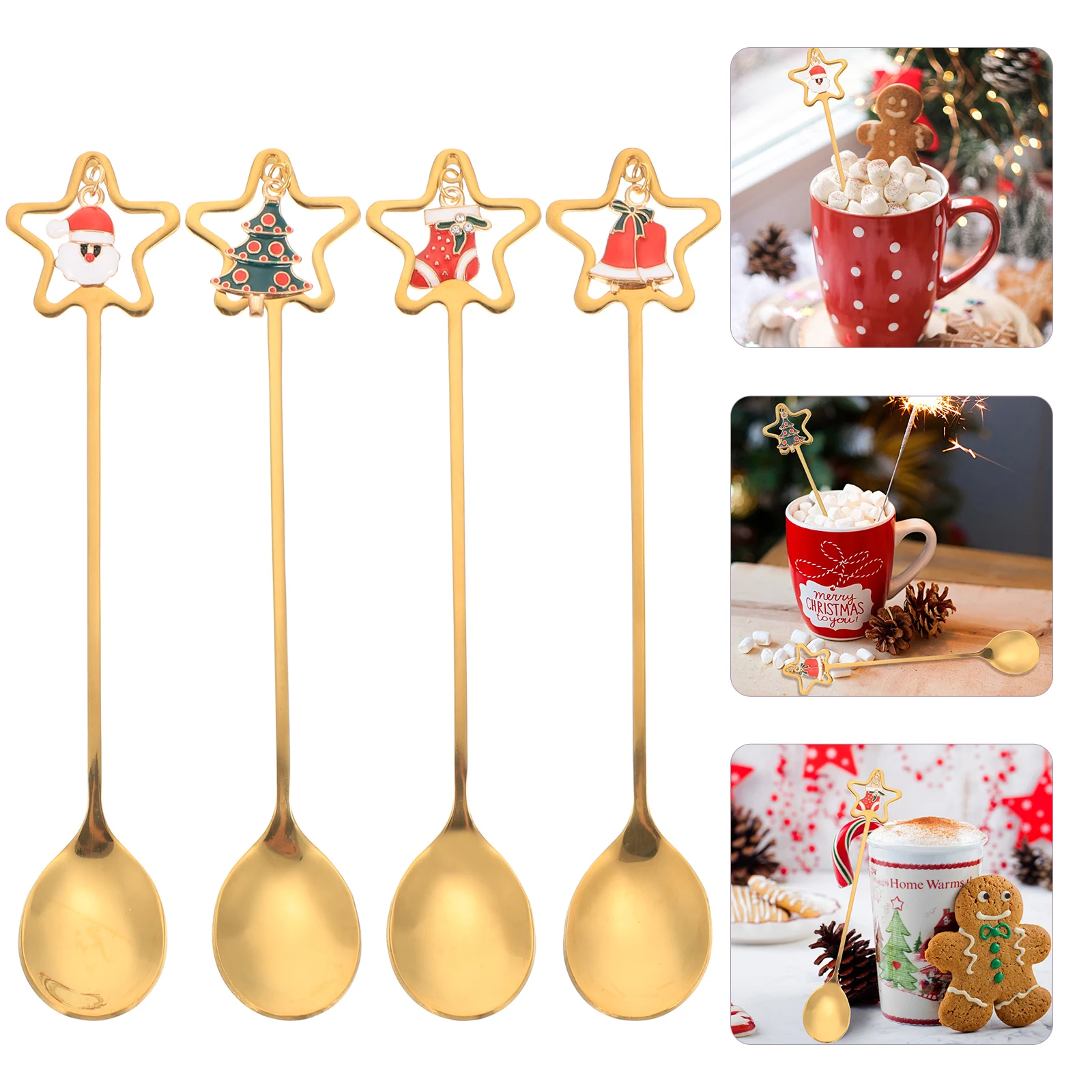 

4Pcs Christmas Coffee Spoons Xmas Themed Stainless Steel Dessert Spoons Gift Box Packing for Home Cafe Christmas Spoon