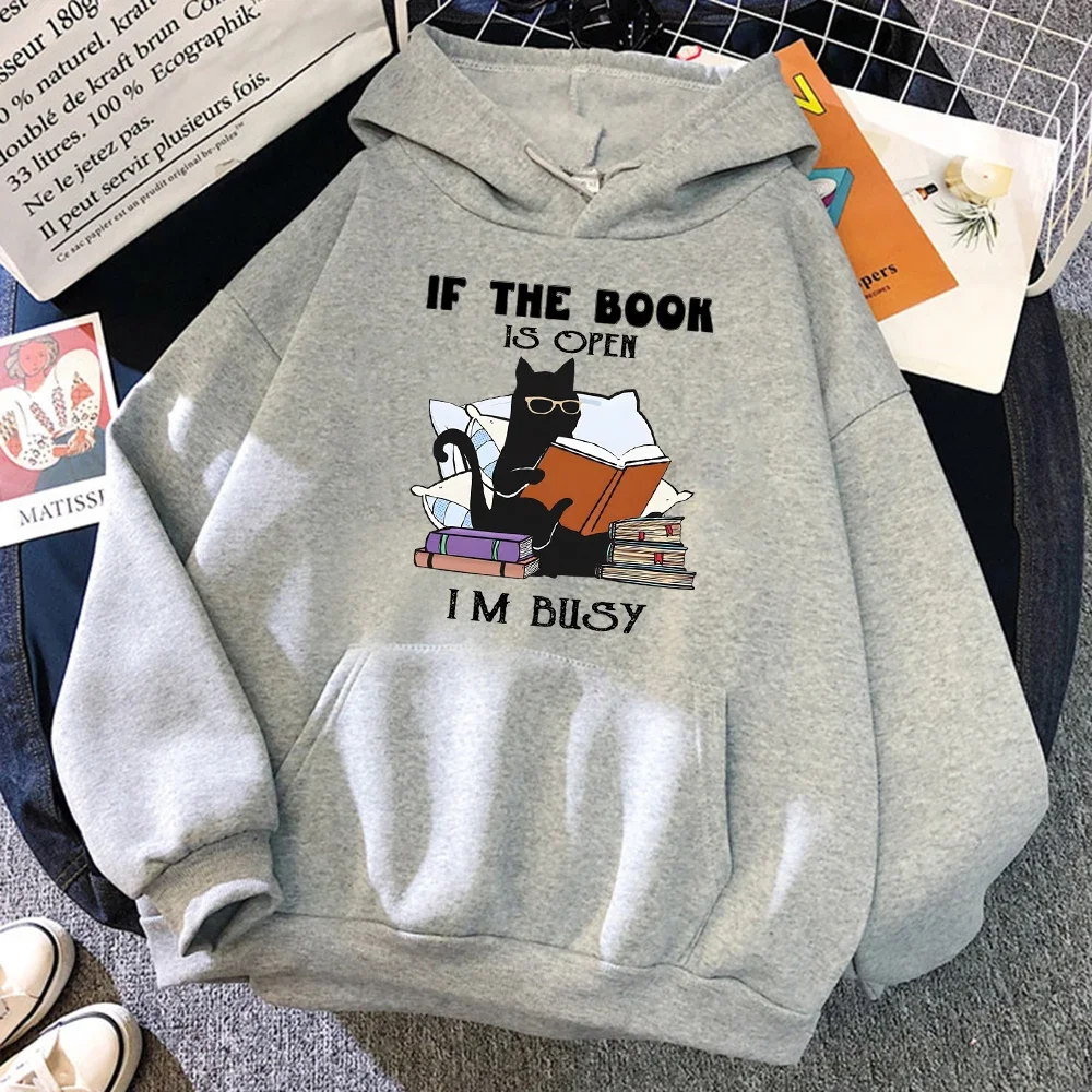 Fashion Loose Clothes Fleece Pullover Sweatshirt If The Book Is Open I'm Busy Black Cat Hoody Women Casual Crewneck Hoodies