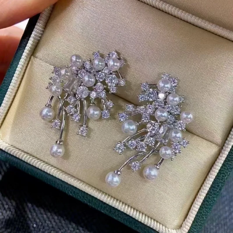 SGARIT Pearl Fringe Earrings 925 Sterling Silver Freshwater Pearls  with Zircon Inlaid Dangle Women's Earrings Luxury Jewelry