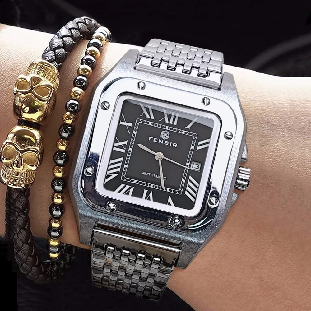 ساعة رجال الأعمال الفاخرة من سلسلة Santos Tank، مينا مربعة، مع عرض التقويم، حزام مشبك على شكل فراشة من الفولاذ المقاوم للصدأ، ساعة يد رجالية عصرية كاجوال وبسيطة وأنيقة، أفضل هدية له