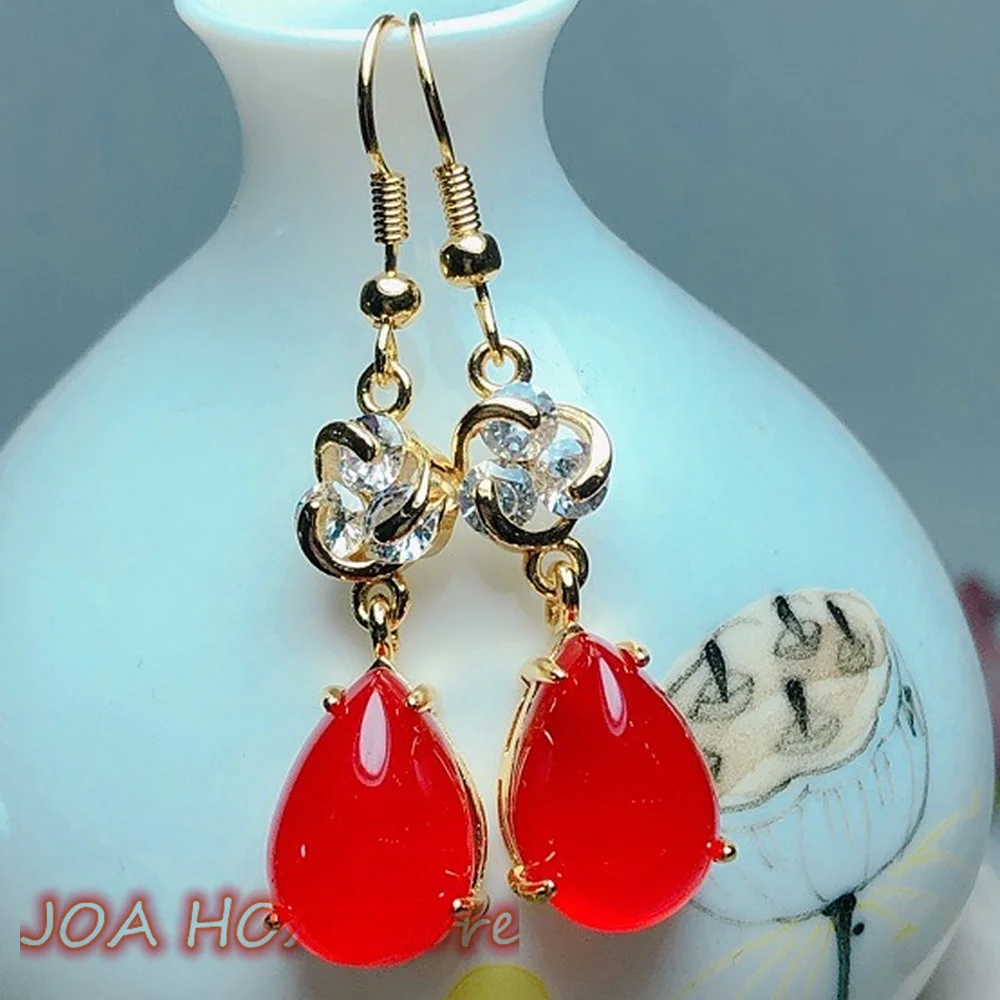 Elegance Noble Lady Jewelry Inlaid Natural Chalcedony Agate Earring Red White Pink Jade Women Ear Chain