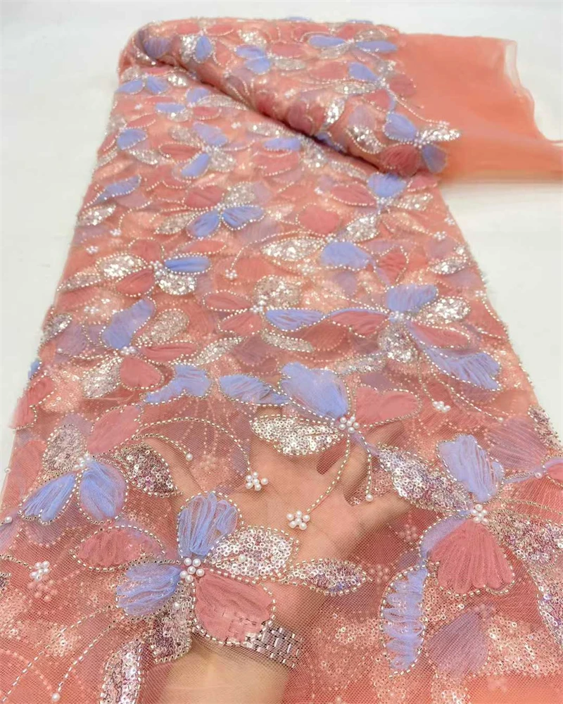 Luxury Embroidery Lace Fabric with Sequins And Beads for Party Dress And Wedding Gown Net Lace Fabric Hot Selling