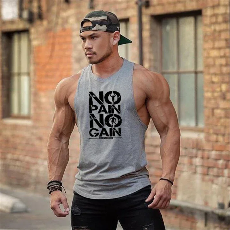 Muscle Summer No Pain No Gain Quick Dry Bodybuilding Stringer Tank Top Men Fitness Sleeveless Shirts Y Back Gym Running Clothing