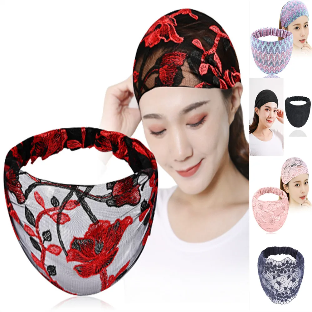 

HongBiTu Women headband Lace plaid stripes Flowers Headwear headwrap stretch turban H017