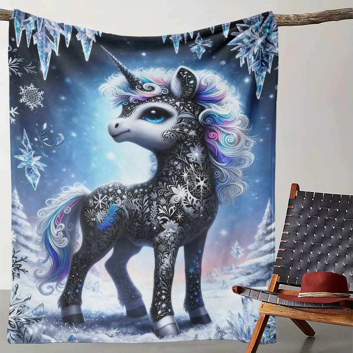 

1 Piece of Ice and Snow Fantasy Unicorn Blanket Winter Snowflake Fairy Tale Style Blanket Cross-border Soft and Cute