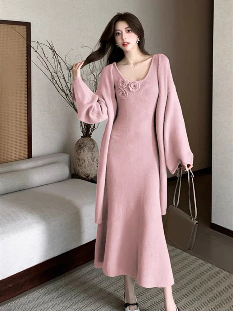 

Длинный свитер в ленивом стиле, кардиган, куртка, женский осенне-зимний жилет с цветочным принтом, платье, элегантный темпераментный комплект из двух предметов