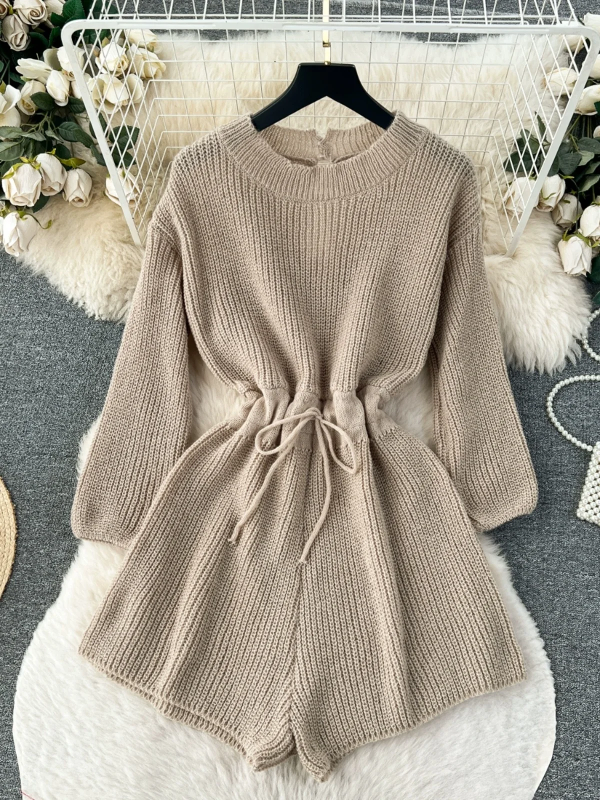 Faionable Knitted One-Piece Pants Women's High Waist Hollow out round Ne Waist-Cinching Sweater orts Autumn Winter