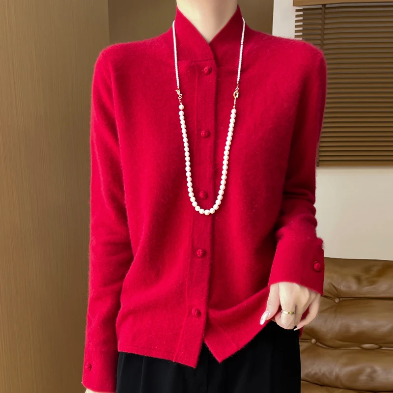 New Chinese Stand Collar New 100% Merino Wool Cardigan Autumn and Winter Vintage Solid Color Sweater Coat Loose Knit Top