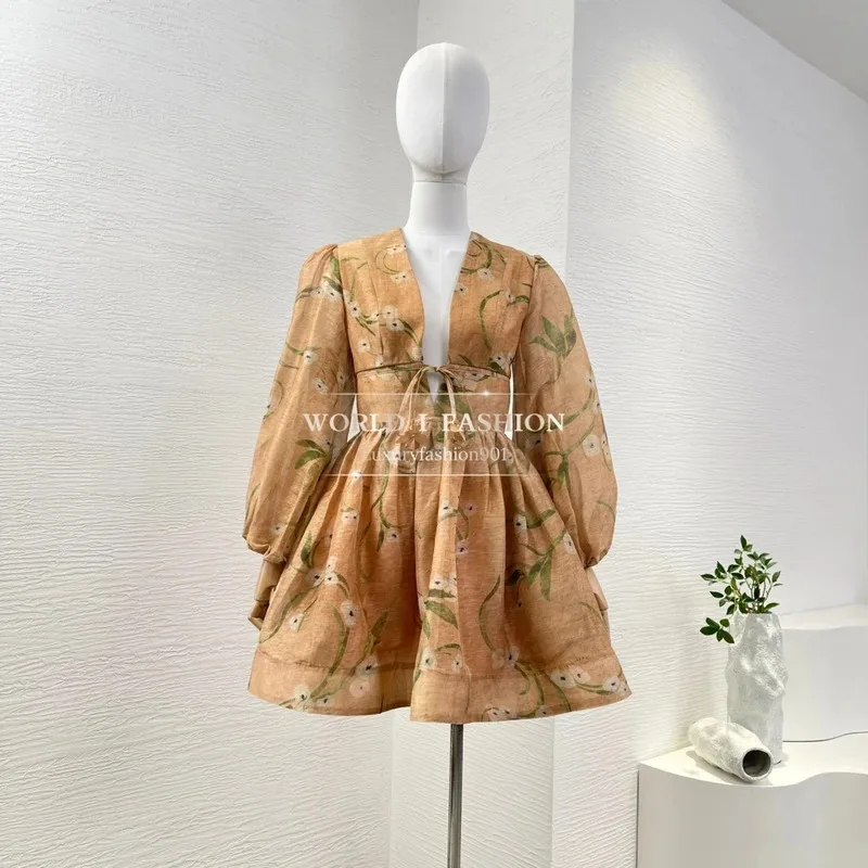 

2025 High Quality Linen and Silk Orange Floral Print Long Sleeve Deep V Neck Pleat Mini Dress