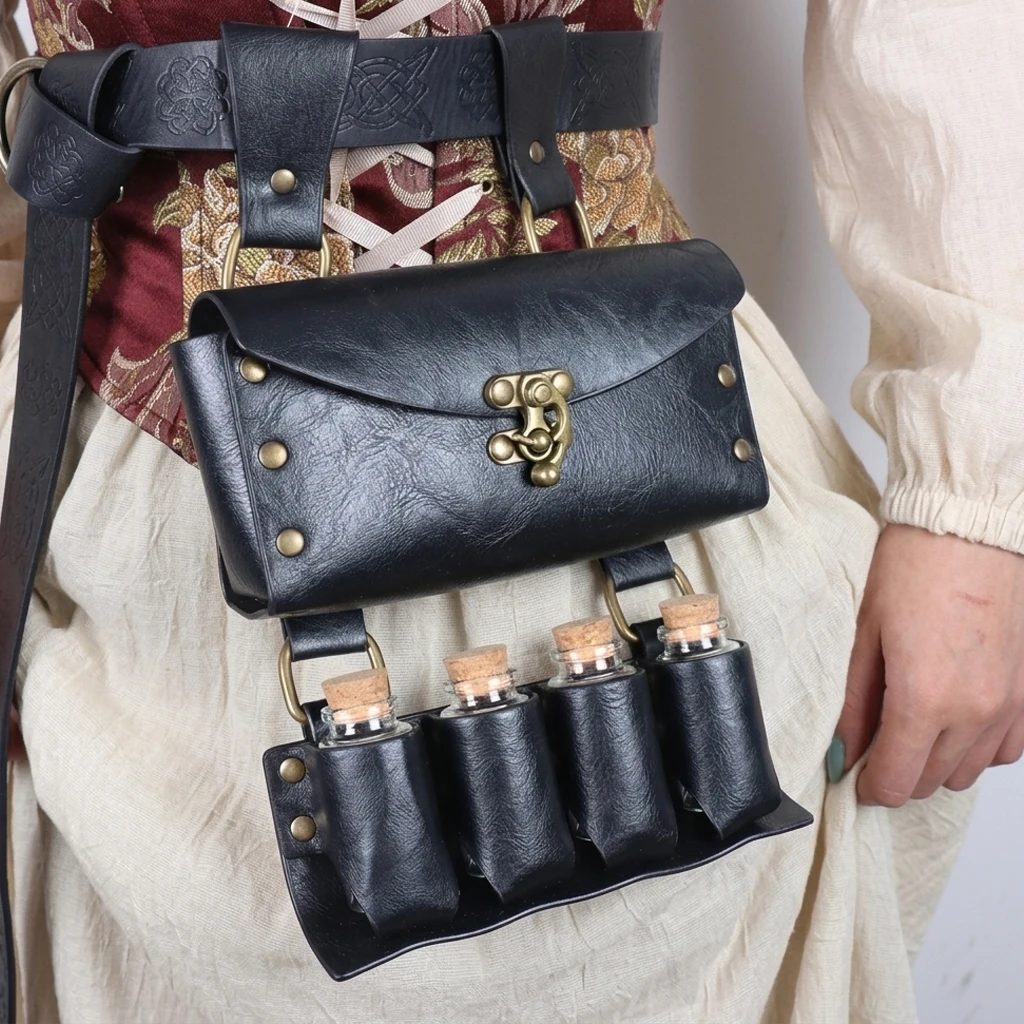Renaissance Leather Waist Bag Wizard Alchemy Glass Magic Bottle Cork Bottle Stopper Medieval Festival Costume Accessories