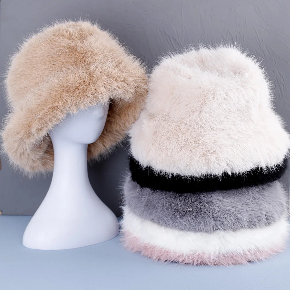 2024 Big Faux Fur Fluffy Bucket Hat for Women Luxury Plush Winter Hat Thicken Snow Oversized Fur Bucket Hat Soft Big Panama Cap