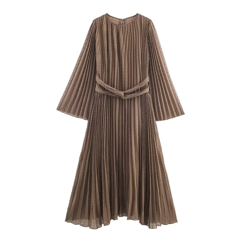 Damska wiosenna sukienka plisowana z marszczeniem w talii, wycięciem, okrągłym dekoltem, elegancka sukienka midi w kwiatowy wzór.