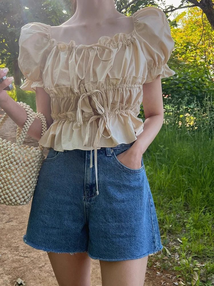 

Korean Sle Slim Fit ort irt Women's Faion Knot Tie Summer New Splice Wooden Ear Look Versatile Top