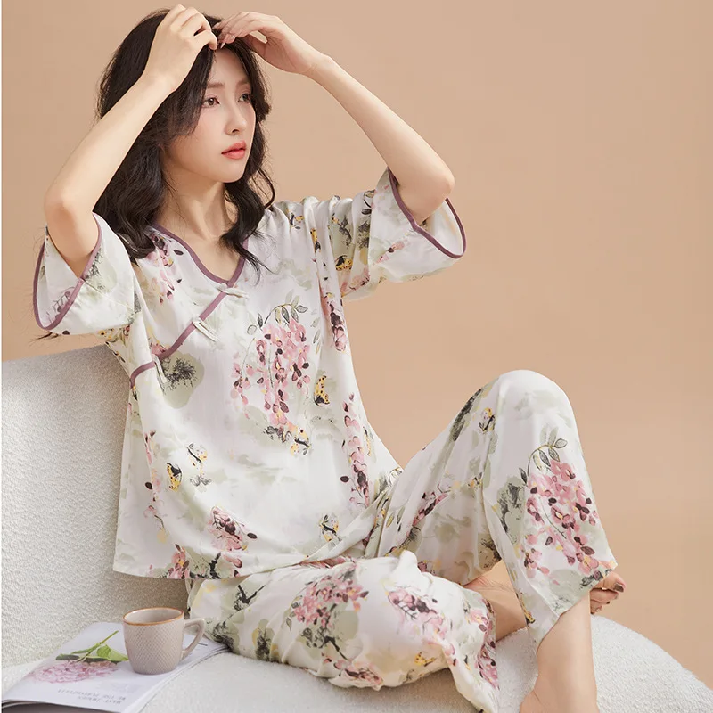 

Chinese Style Pajamas Set Nightwear Loose 2 Pieces Top&Pants Pijamas Women Sleepwear Long Sleeve Trouser Suits Homewear