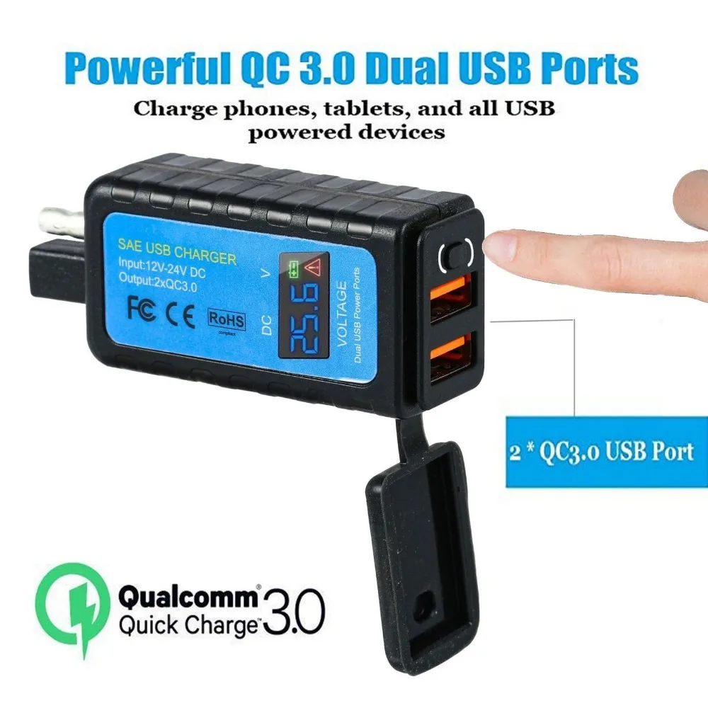 4.2A Motorcycle USB Charger SAE to USB QC3.0 SAE Extension Cable Voltmeter ON/Off Switch Waterproof Quick Disconnect Plug