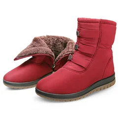2025 Winter Shoes Women Snow Boots Thick Sole Flat Women Ankle Boots Warm Plush Cold Winter Boots Plus Size 42 Black Red D145