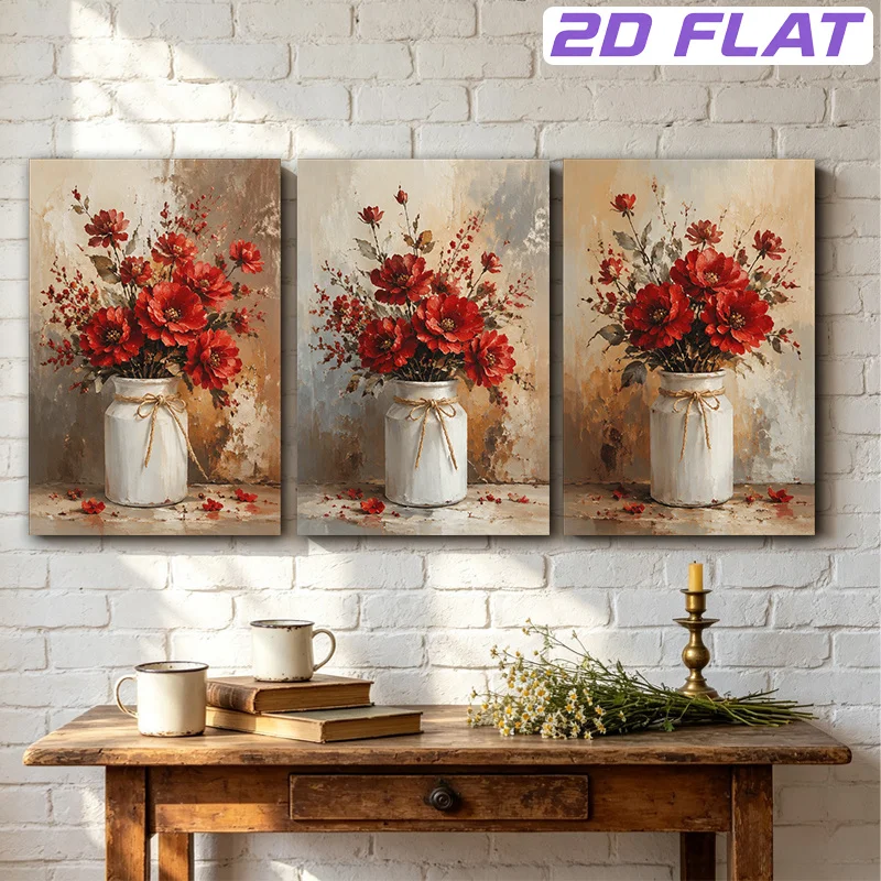 2D Flat, 2D Flat 3pcs 30x45cm(12x18in) Unframed Canvas Painting Wall Art with Floral Bouquet in White Vase for Living Room Be