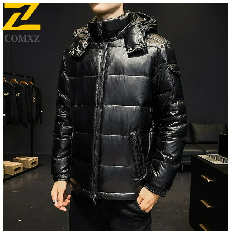 

COMXZ Ski Fashion Down Jacket For Men Winter Glossy Finish White Duck Down Insulated Waterproof Hooded Parka Cold Weather Wear