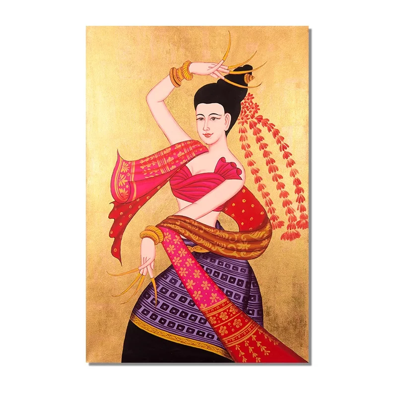 Southeast Asian Hand-painted Beauty Murals, Thai Imported Handmade Gold Leaf Paintings, Clubhouse Hotel Entrance Decoration Oil