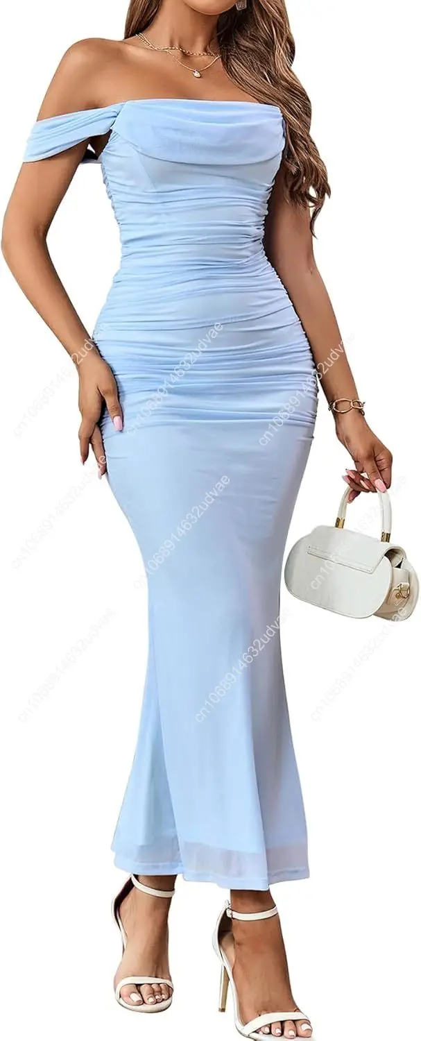 

Off The Shoulder Maxi Long Dress Corset Ruched Bodycon Formal Wedding Guest Dresses for Women