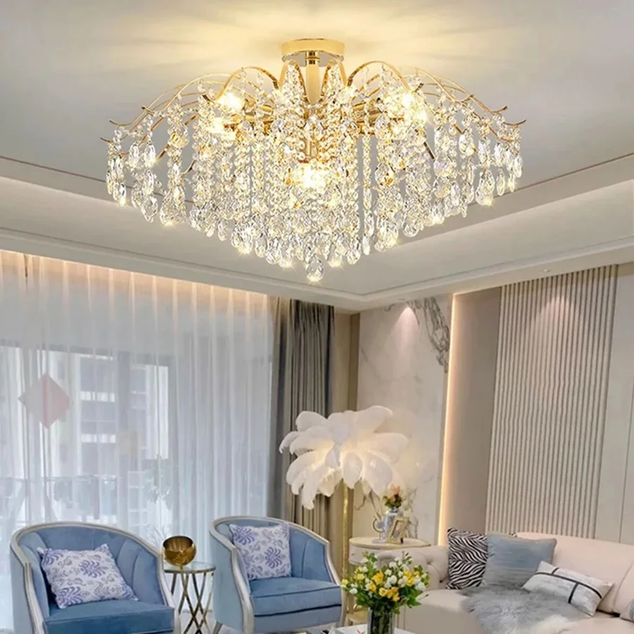 LED Channel Ceiling Lights French Luxury Branch Crystal Lamp Decor Living Room Lobby Lighting Three Color Light Pendant Light