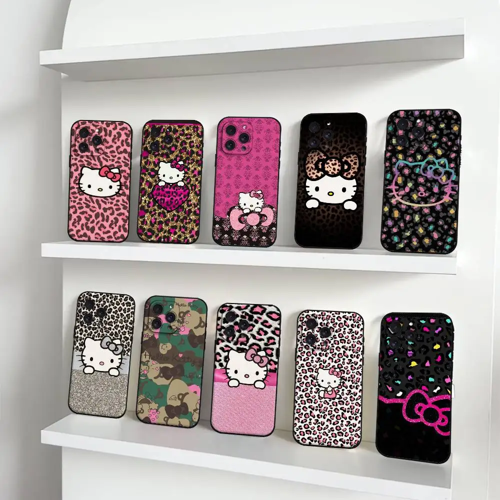 Capa de Telefone H-Hello-Cat-k-Kitty em Estampa de Leopardo Vermelho e Marrom para iPhone 17 15 Pro Max 14 Pro 12 11 13 Mini X XR XS 16 Plus SE