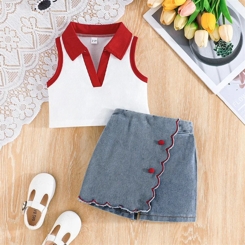 2-7Y Little Girl Summer Clothes Set Contrast Color Lapel V-Neck Tank Tops  Denim Skorts 2 Pcs Children's Sets 2025