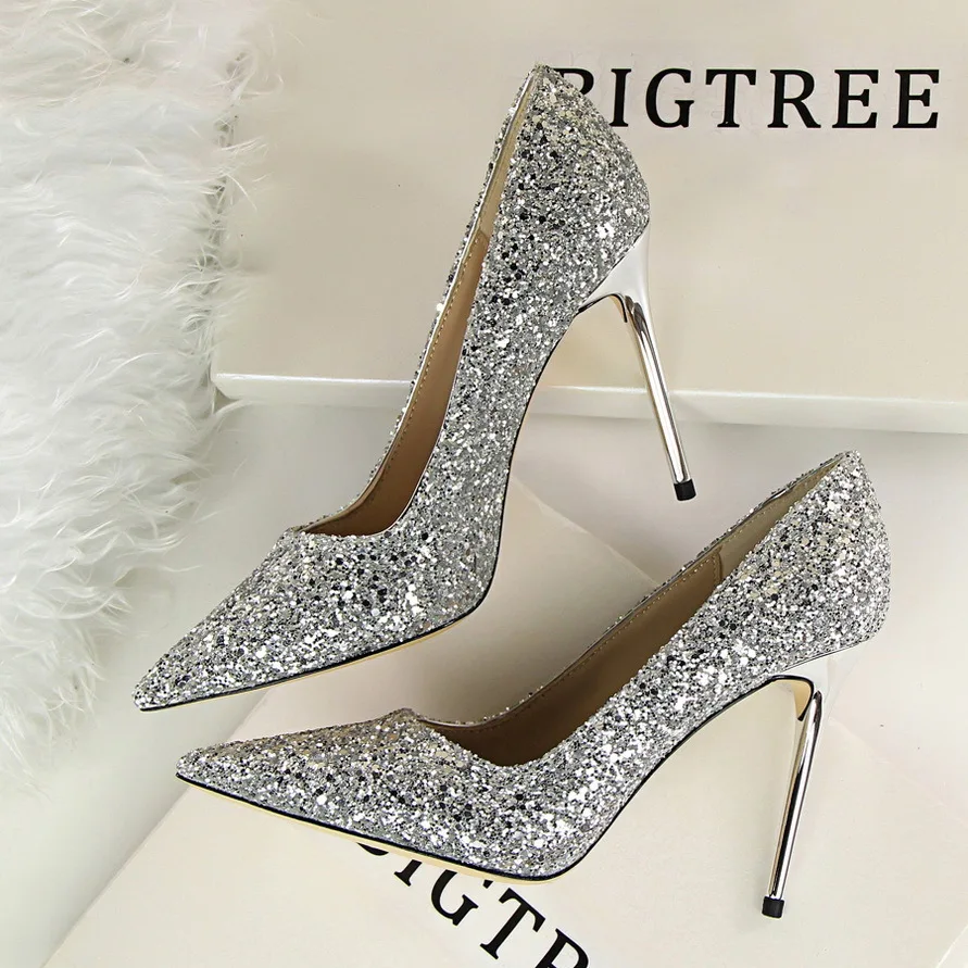 

Style Women's Shallow Mouth Pointed Shining Sequins Sexy Slim Night Club High Heel Shoes Single Shoe Women Pumps туфли женские