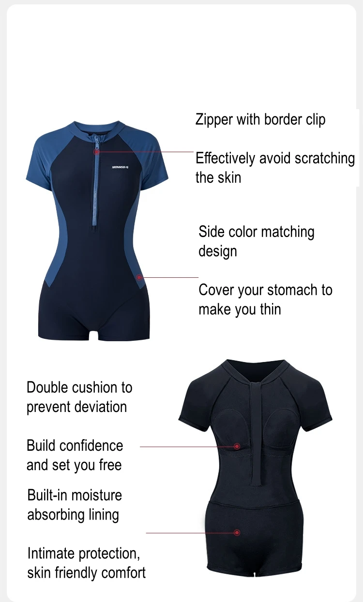 Women One Piece Professional Short Sleeve Front Zipper Water Sports Surf SwimWear UV Protection Sexy Quick-Dry Push Up SwimSuit