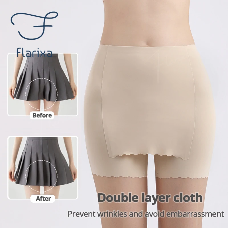 Flarixa Seamless Safety Pants Women Double Layer Front Crotch Shorts Under Skirts Protector Underpants Anti Chafing Boyshorts