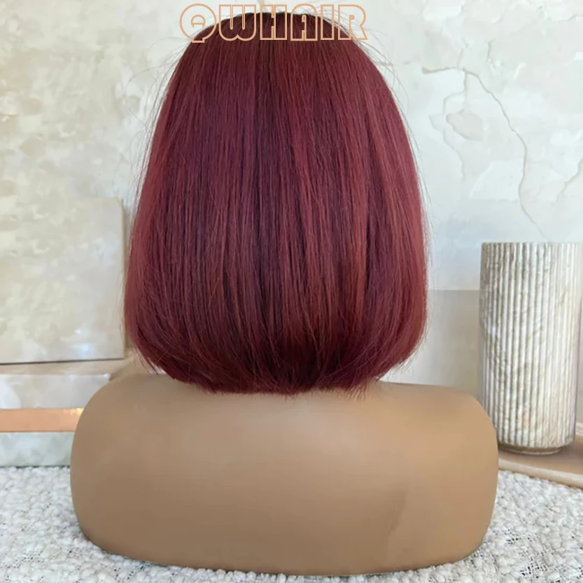 QW Synthetic Hair Short Bob Straight Burgundy Red Soft  Lace Front Wig For Women Hair Heat Resistant Fiber Cosplay  Daily