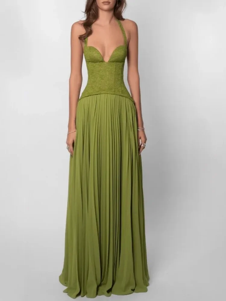 

Sexy V Neck Evening Dresses for Women Slim Fit Party Dress Chic Ball Club Gowns Fashion Women Clothing Pleated Maxi Dress