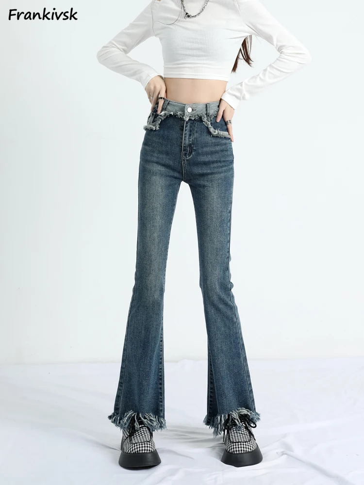 

Frayed Flare Jeans Women Solid Spliced Spring Autumn Korean Style Slim Daily Pocket Harajuku Streetwear Fashion High Waist Retro