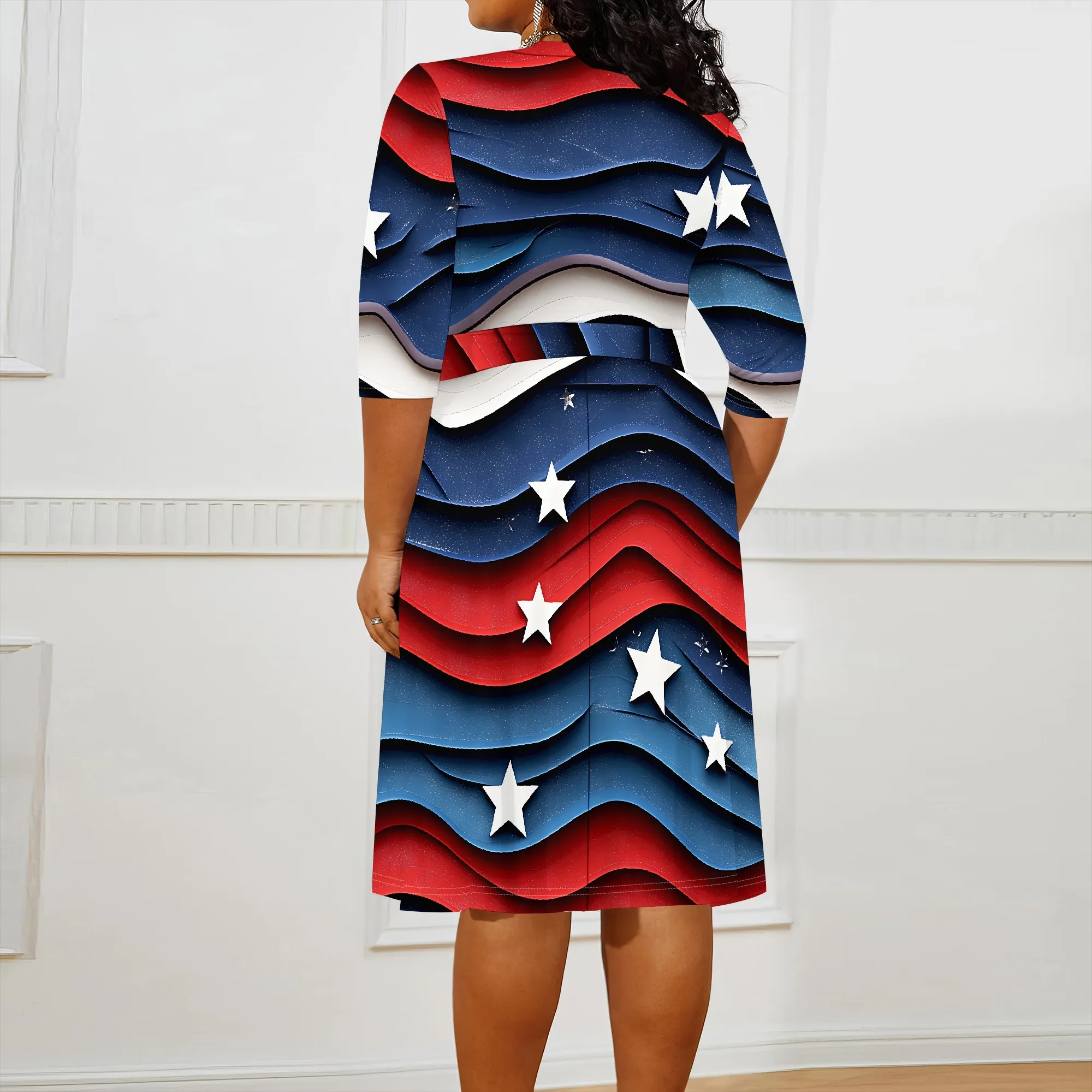 Plus Size Women's V-Neck Wrap Dress 3/4 Sleeve Patriotic Star Print A-Line 4th of July Dress XL-6XL