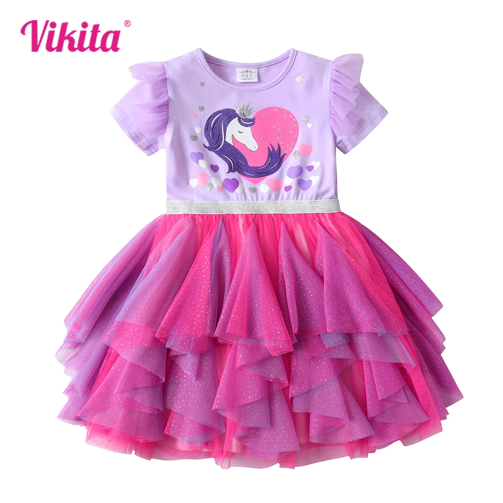 VIKITA Girls Unicorn Heart Design Dresses Kids Short Sleeve Summer Dress Kids Mesh Tulle Layered Cake Irregular Tutu Dresses