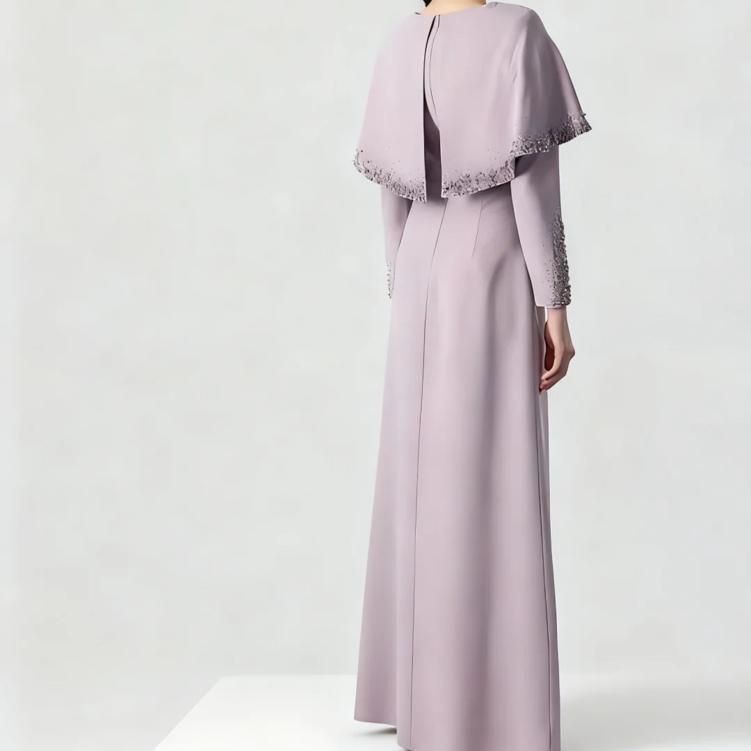 Vestidos de invitados de boda de lujo para mujer, vestidos largos de noche de corte A, capa con cuentas, mangas completas, vestido modesto para madre de la novia