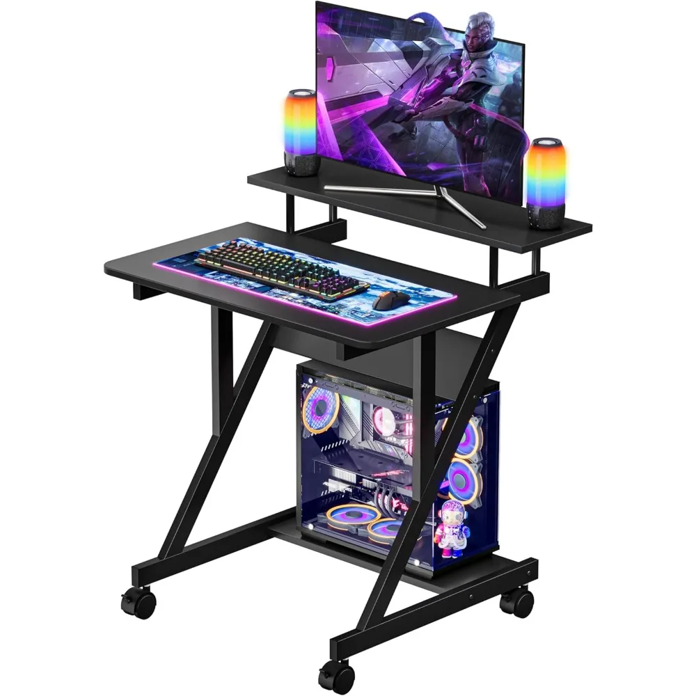 

Small Computer Desk with Monitor Shelf 3 Tier Compact Study Desk for Small Spaces with Storage Shelves Black