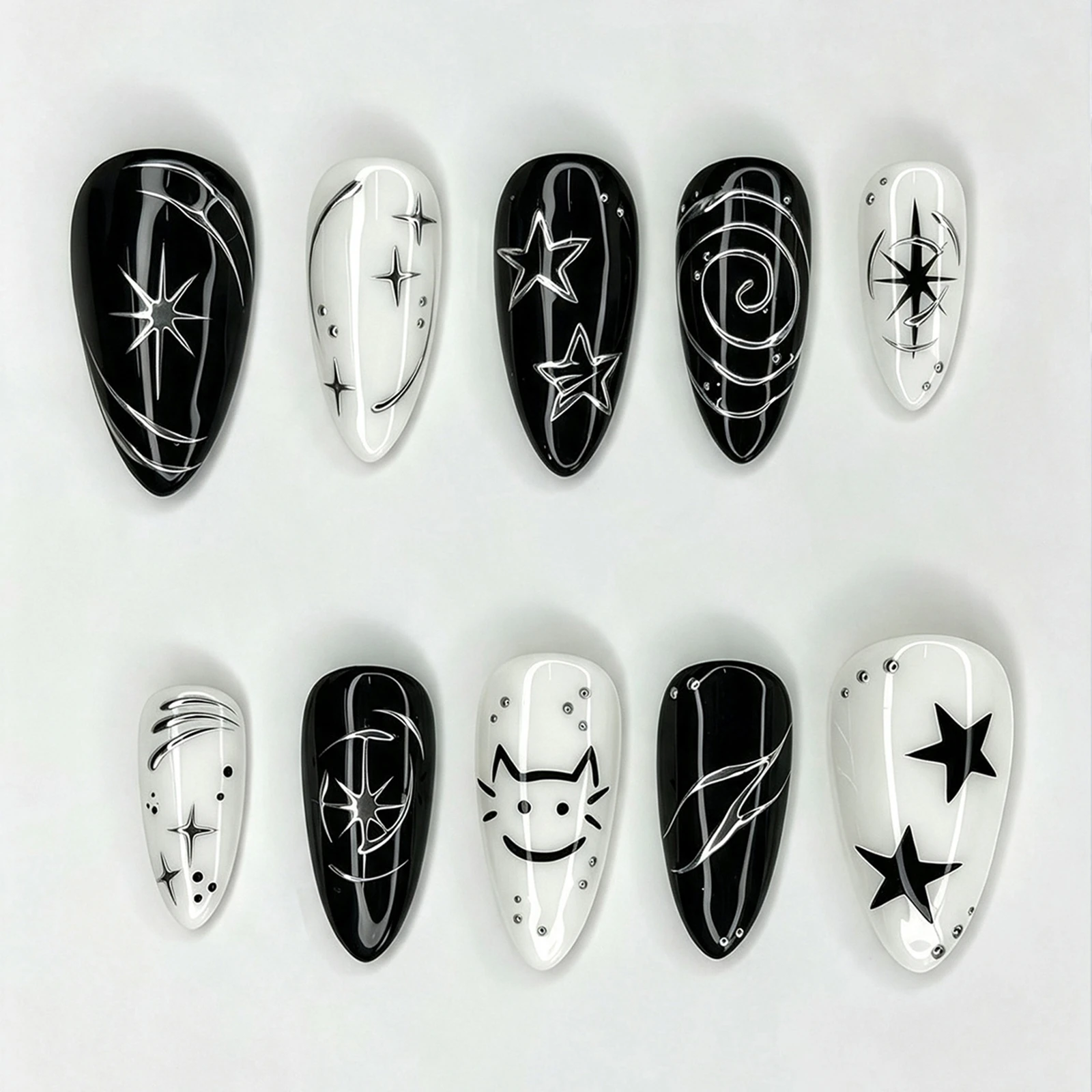 Festival Press-On Nails Y2K Cat Design Starburst Hand Painted False Nails for Party Daily DIY Manicure Resin Nail Tips 30pcs