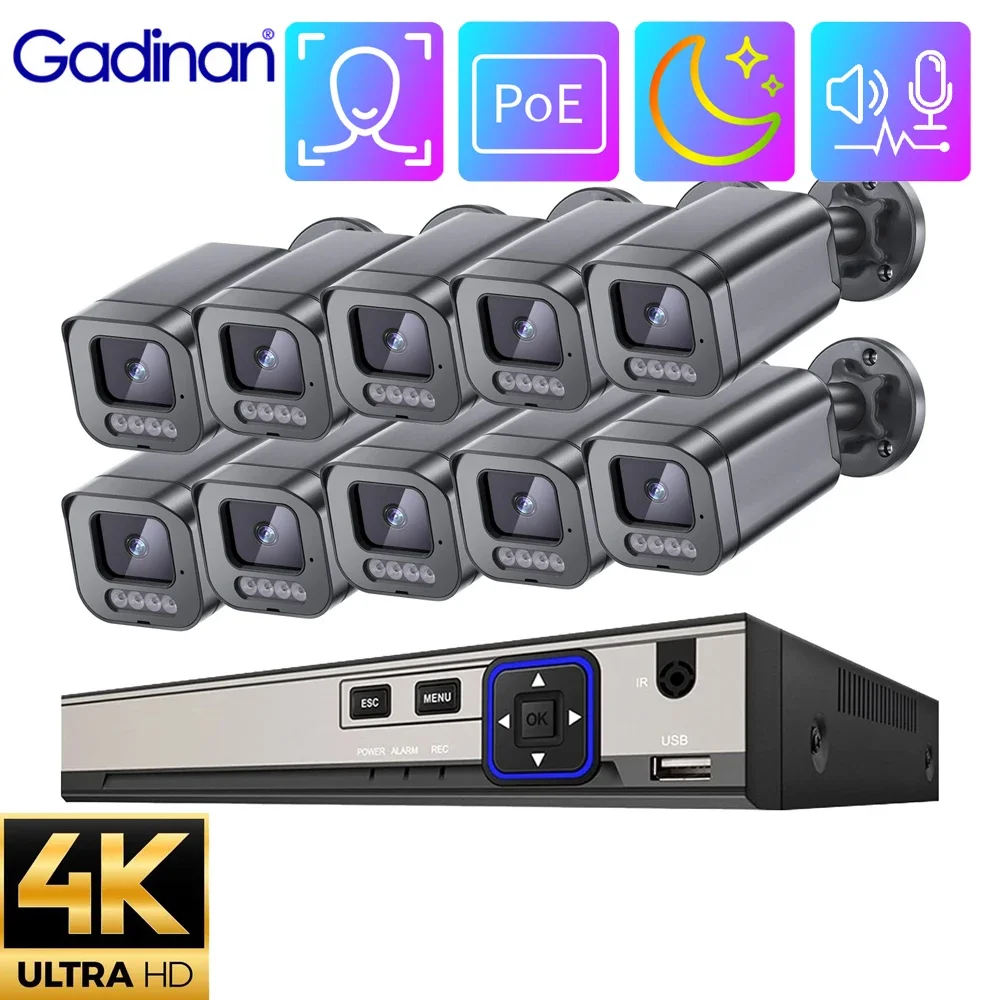 

Gadinan 4/8CH 4K NVR 10CH CCTV Camera 8MP POE Security System Smart AI Face Detect Two-Way Audio Outdoor Video Surveillance Kit