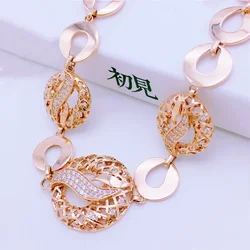 585 Purple Gold Plated 14K Rose Gold Crystal Openwork Round Bracelet for Women Classic Collection Fashion Luxury Jewelry Gift