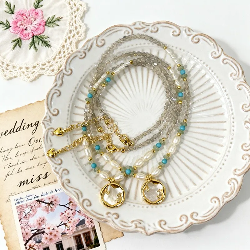 Natural freshwater pearl crystal necklace pendant semi-precious bone necklace, multiple combinations available.