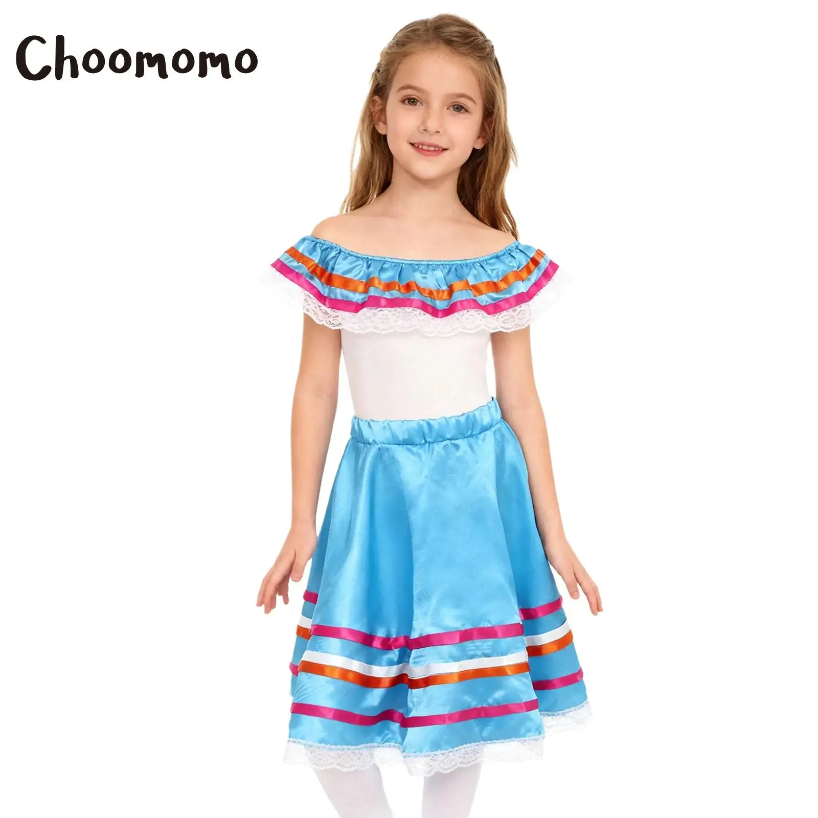 

Girls 2 Piece Mexican Dress Outfit Flamenco Dance Costume Off Shoulder Ruffled Top with Skirt Carnival Party Mexican Performance