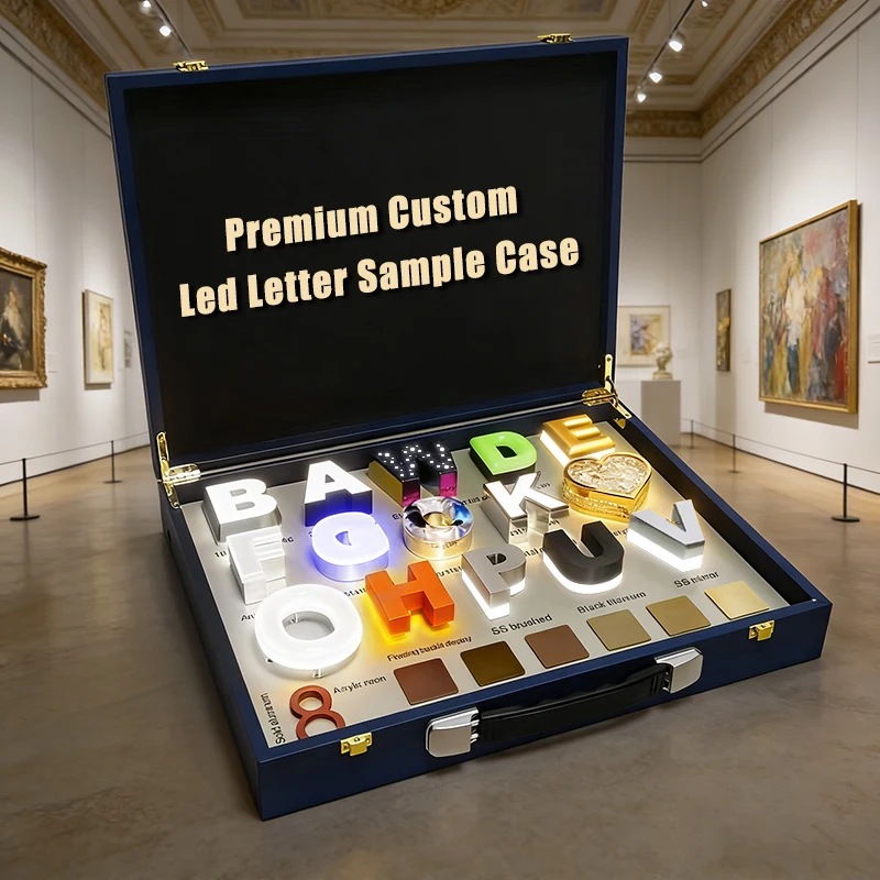 Portable led sample box 3d illuminated letters display business led sample kit box with metal channel letters