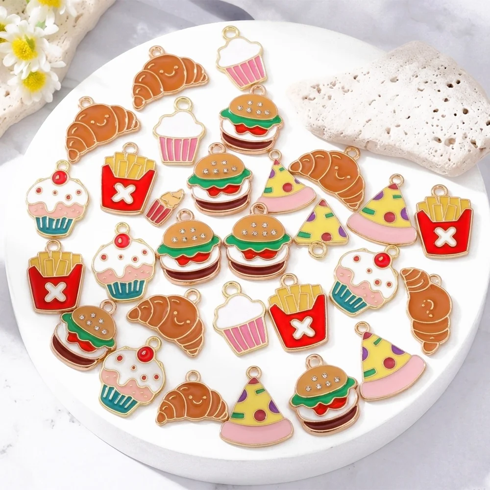 15Pcs/Set Cute Food Charms Enamel Burger Fries Cake Pendants for DIY Jewelry Making Necklace Earrings Keychain Craft Supplies view 2