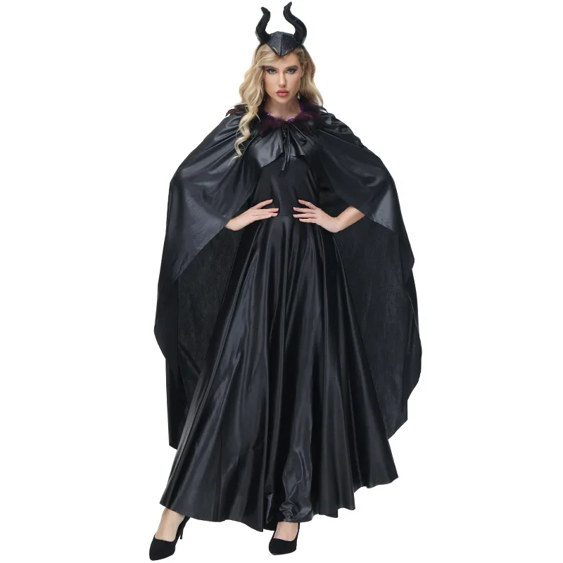 Evil Queen Cosplay Black Long Witch Dress for Adult Women Maleficent Christening Gown Costume with Horns Halloween Party Cosplay