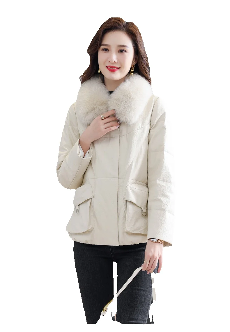 

New Fox Fur Collar Genuine Leather Down Women's Short Sheepskin Jacket, Fashionable And Lightweight