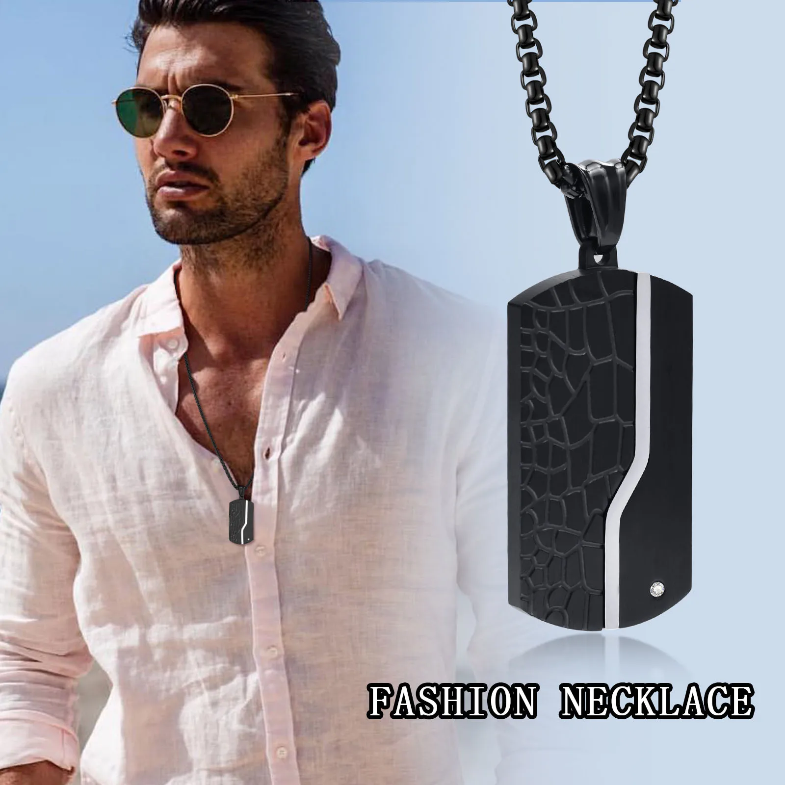 Necklace For Men Stainless Steel Zircon Inlay Geometric Pendant Black Necklace Metal No Fade Anti Rust Fashion Design Jewelry